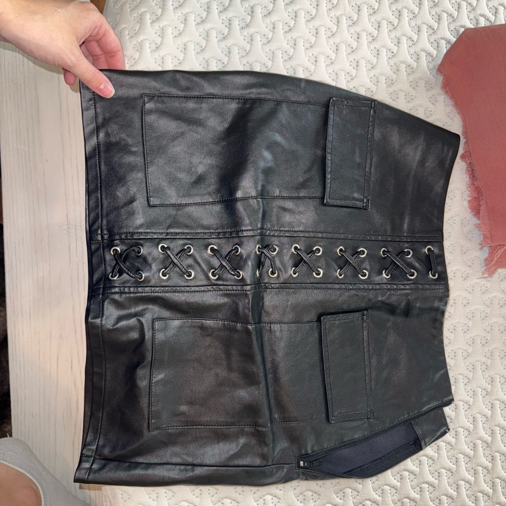 Black Leather Skirt with Lace-Up Detail
